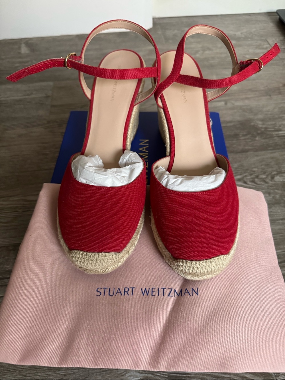 Stuart Weitzman Red Canvas Espadrille Wedge Sandals, US11, like NEW
